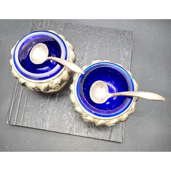 Pair Of Antique Silver Salt Cellars Cobalt Blue Glass Liners & Spoons HS246 - Picture 3 of 10